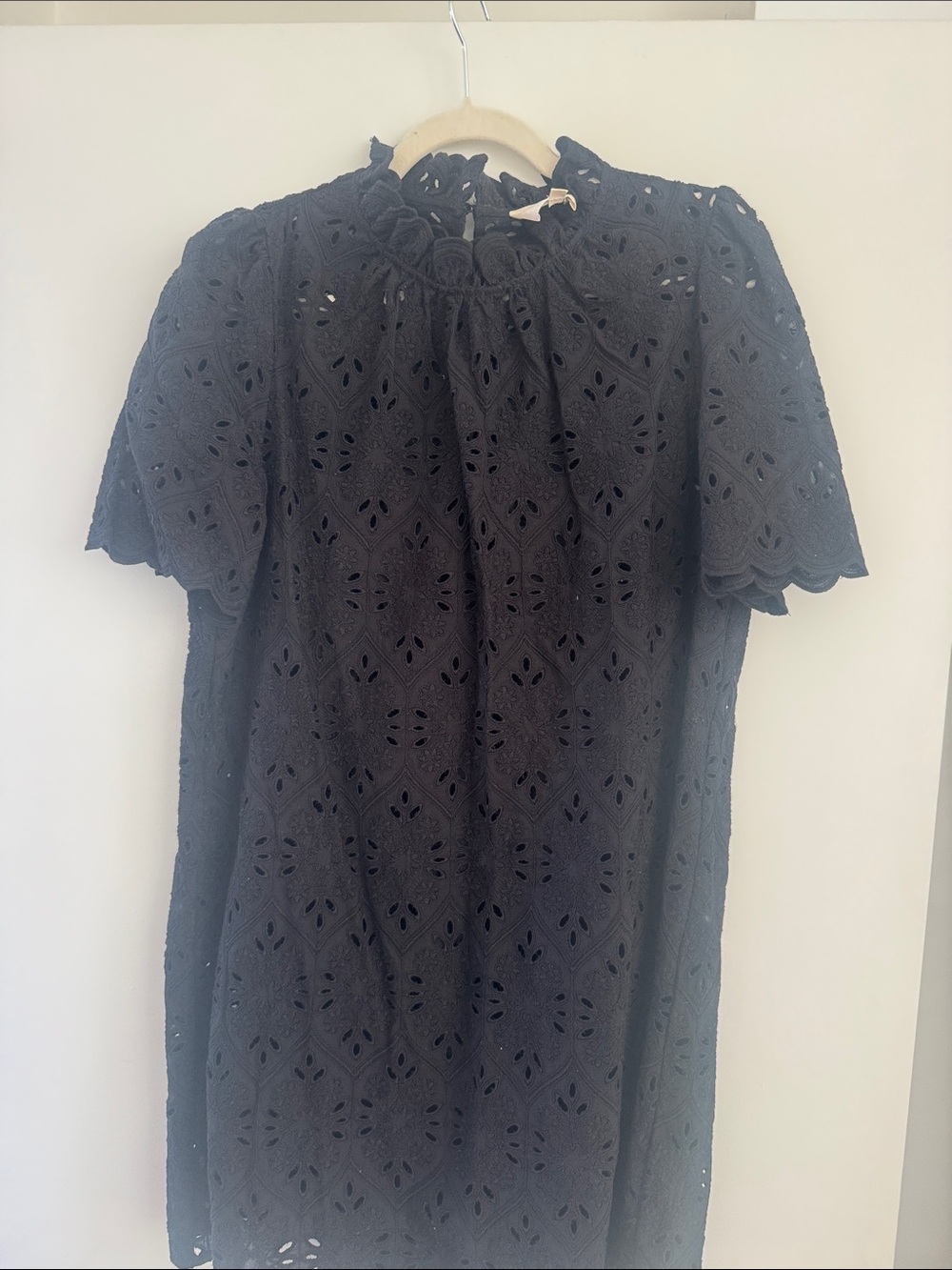 Sezane Black Eyelet Lace Short Sleeve Dress